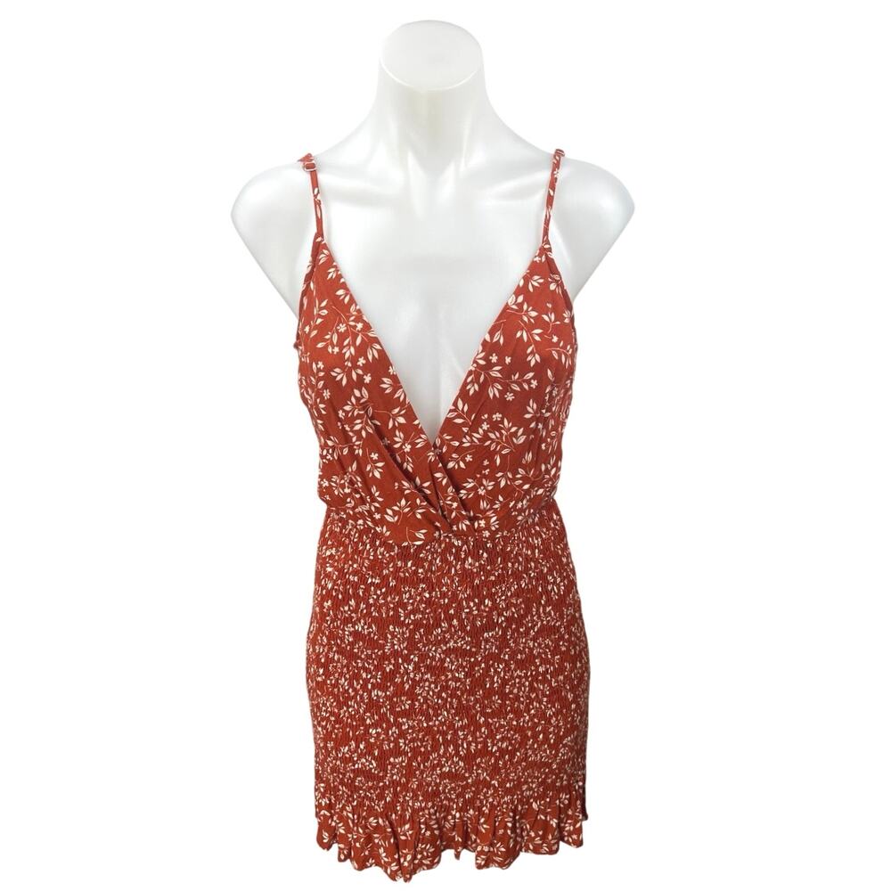 Endless Blu Brown Floral Sleeveless Smocked Cami Camisole Mini Tank Dress Size M